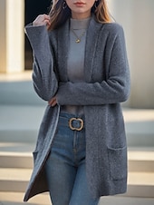 cheap Cardigans &amp; Outerwears-Women&#039;s Sweater Cardigan Sweater Jacket Shirt Collar Knit Pocket Knitted Spring Fall Home Daily Weekend Daily Casual Soft Long Sleeve Pure Color Black Camel