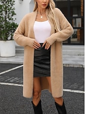 voordelige Vesten en bovenkleding-dames vest open fuzzy front gebreid gebreid herfst winter werk elegant mode dagelijks lange mouw effen kleur wit kaki