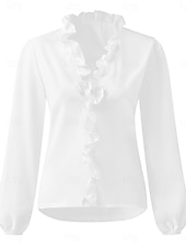 economico Top eleganti-Per donna Camicia Blusa Tinta unica Essenziale Informale Manica lunga A V Top regolari Giornaliero Con balze Bianco Blu Autunno Inverno