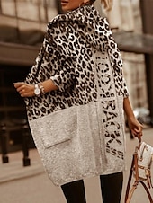 preiswerte 3D Strickjacke-Damen Pullover Strickjacke Brautkleider schlicht Weich Leopard Gerippt V Ausschnitt Tasche Strick Bedruckt Langarm Lange Oberteile Stricken Outdoor Täglich Wochenende Braun Hellgrau Herbst Winter