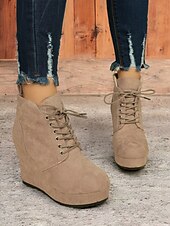 cheap Ankle Boots-Women&#039;s Faux Suede Wedge Ankle Boots with Lace-Up Design - Comfortable Platform Boots for Casual and Everyday Wear