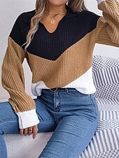 billige Grafiske mønstre og detaljer-Dame Genser Pullover genser Fritid Myk Fargeblokk Riflet V-hals Strikket Langermet Vanlige topper Strikke utendørs Daglig Helg Blå Kakifarget Høst Vinter