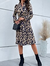 abordables Robes fleuries décontractées-robe midi à fleurs à col en V et manches longues pour femme printemps automne