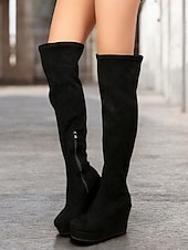 cheap Fashion Boots-Women&#039;s Brown Over-the-Knee Wedge Boots with Side Zipper – Faux Suede Texture and Comfortable Platform for Casual and Stylish Outfits