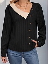 preiswerte Damen Arbeitsoberteile-Damen Hemd Bluse Feste Farbe Basic Brautkleider schlicht Langarm V Ausschnitt Normale Oberteile Täglich Patchwork Knopf Schwarz Herbst Winter