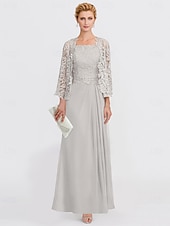 preiswerte Mit Jacke-A-Linien-Kleid, Strandhochzeitsanzug, Kleid für die Mutter der Braut, eleganter gerader Ausschnitt, knöchellang, Chiffonspitze, 3/4-Ärmel mit Spitze, seitlich drapiert, einfarbig, 2025