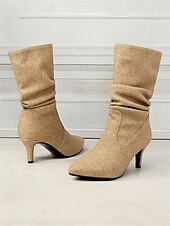 cheap Slouch Boots-Women&#039;s Beige Slouch Mid-Calf Boots with Pointed Toe and Kitten Heel – Chic Fall Fashion for Casual and Dressy Occasions