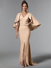cheap CHAMPAGNE-Black Champagne Mermaid Evening Gown Stretch Crepe Glittering Dress Formal Floor Length Sleeveless V Neck Stretch Crepe with Rhinestone Shawl 2025