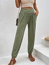 billiga Byxor-Dam Kinesiska Mode Streetwear Fullängd Hög midja Slät Ficka Bekväm Mjuk Microelastisk Utomhus Gata Svart Blå Kaki Armégrön Vår &amp; Höst Normal