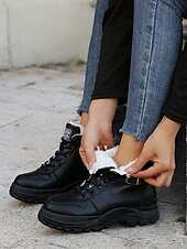 abordables Botines-Botines de mujer beige con cordones y forro de felpa cálido: calzado de invierno para exteriores con suela resistente y detalle de hebilla
