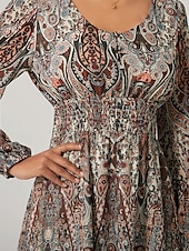 billiga Blommiga klänningar-Dam Midiklänning Vintage klänning Boho Chic klänningar Elegant bohemliv Vintage Biskop Dagligen Normal Grafisk Färgblock Långärmad V-hals Colourful Höst Vinter