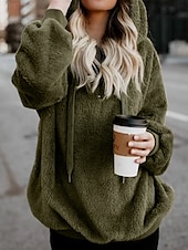 baratos Moletons e Sweatshirts Texturizados-moletom feminino com capuz moletom casual sherpa liso rua diário moletom com zíper bolso manga comprida vinho marrom verde outono inverno