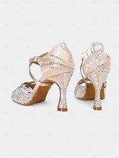 abordables Chaussures de danses latines-Escarpins de danse pour femmes en strass dorés avec brides croisées et semelle en daim – idéals pour les spectacles de danse de salon et de danse latine