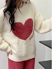 billiga Loungewear till damer-dam pyjamas loungewear 2 delar hjärtvärme komfort hem daglig fleece varm andas rund hals långärmad pullover byxa höst vinter hem outfits