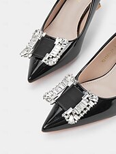 cheap Kitten Heels-Women&#039;s Black Patent Leather Pumps with Crystal Embellished Bow – Elegant Pointed-Toe Kitten Heels for Formal Events and Evening Wear