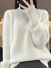 billige Solide farger-Dame Genser Pullover genser Fritid Myk Ren farge Riflet Crew-hals Strikket Langermet Vanlige topper Strikke utendørs Daglig Helg Hvit Rød Høst Vinter