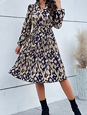 abordables Robes fleuries décontractées-robe midi à fleurs à col en V et manches longues pour femme printemps automne