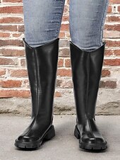 cheap Fashion Boots-Women&#039;s Extra Wide Calf Knee-High Boots – Comfortable Black Faux Leather with Rugged Sole, Perfect for Outdoor Adventures and Everyday Wear