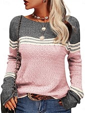 billige Grafiske mønstre og detaljer-Dame Genser Pullover genser Fritid Myk Stripet Riflet Crew-hals Lapper Strikket Langermet Vanlige topper Strikke utendørs Daglig Helg Rosa Oransje Høst Vinter