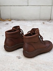levne Kotníkové boty-dámské hnědé šněrovací kotníkové boty z umělé kůže s detaily vintage stehu, pohodlná podrážka pro běžné outdoorové nošení