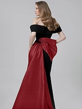 preiswerte Schlauch-Abendkleider-A-Linie Abendkleid Elegantes Kleid Formelles Bodenlänglich Kurzarm Ein-Schulter-Tasche Satin mit Schleife(n)