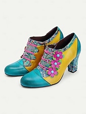 olcso Block Heels-női színes virágos, fűzős blokksarkú cipő - vintage stílusú bőr bokacsizma dekoratív virág díszítéssel