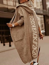 economico Cardigan e capispalla-Per donna Felpa Cardigan Informale Morbido Alfabetico A coste Con cappuccio Tasche Lavorato a maglia Manica lunga Maglie lunghe Maglia Esterno Giornaliero Fine settimana Marrone chiaro Blu Autunno