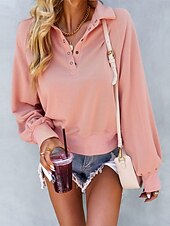 billige Teksturert hettegensere og sweatshirt-Dame عادي Fritid Langermet Rullekrage Crop Tops Gate Hverdag Knapper Rosa Grønn Beige Høst Vinter
