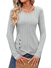 cheap Women&#039;s Plain Tops-Women&#039;s Shirt Blouse Solid Color Basic Casual Long Sleeve Crew Neck Regular Tops Daily Buttons Black Brown Beige Gray Fall Winter