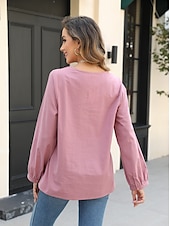 economico Camicie-Per donna Camicia Boho Camicie ispirate al lino Floreale Casual Manica Lunga Manica a Vescovo Scollo a V Top Regolari Vacanza Lavoro Quotidiano Ricamato Rosa Autunno Autunno &amp; Inverno