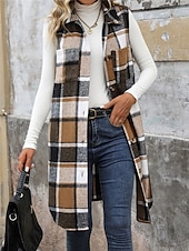baratos Colete-Mulheres Colete Ao ar livre Rua Roupa Diária Outono Inverno Longo Casaco Normal Térmico / Quente Respirável à moda Casual Casaco Sem Manga Listras e xadrez Com bolsos Imprimir Laranja Verde Cáqui