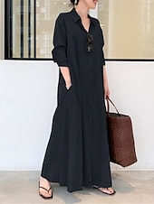 abordables Robes de travail-Robe chemise Robe casual Robe unie Femme Robe Maxi Bouton Poche Sport &amp; Loisir Plein Air Décontractées Col de Chemise manche longue Standard Noir Vert Café S M L XL 2XL
