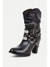 preiswerte Slouch-Stiefel-braune, lässige Stiefel mit halbhoher Sohle und Nietenriemen sowie Strassverzierungen für Damen – High Heel im Westernstil für Partys und die Freizeit