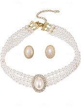 abordables Día de San Valentín-Conjunto de gargantilla de perlas vintage para mujer con colgante de diamantes de imitación: elegante joyería de perlas en capas para bodas y eventos formales
