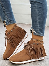 preiswerte Stiefeletten-Damen-Mokassin-Stiefel aus Wildleder mit Fransen und Schnürung – Stiefeletten im Boho-Stil für die Freizeit und Festivals