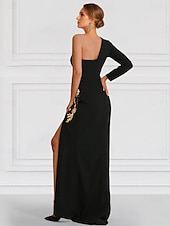 preiswerte SCHWARZ-schwarzes A-Linien-Abendkleid, besticktes elegantes Kleid, formelles, bodenlanges, langärmliges One-Shoulder-Stretch-Crêpe mit Schlitzapplikationen 2025