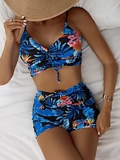 olcso Bikiniszettek-Női Fürdőruha Bikini 2 darab Fiú láb Fürdőruha Nyitott hátú Vékony Szabadság Strandruházat Virágos V-alakú Ujjatlan Fürdőruhák