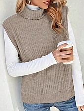cheap Solid Colors-Women&#039;s Sweater Vest Casual Soft Solid Color Ribbed Turtleneck Split Knitted Sleeveless Regular Tops Knit Outdoor Daily Weekend Light Green Khaki Fall Winter