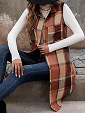 baratos Colete-Mulheres Colete Ao ar livre Rua Roupa Diária Outono Inverno Longo Casaco Normal Térmico / Quente Respirável à moda Casual Casaco Sem Manga Listras e xadrez Com bolsos Imprimir Laranja Verde Cáqui