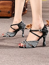 abordables Chaussures de danses latines-Escarpins de danse pour femmes en strass dorés avec brides croisées et semelle en daim – idéals pour les spectacles de danse de salon et de danse latine