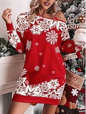 abordables Robe de fête de Noël-Flocon de Neige Robe Sweat à capuche Femme Noël Nouvel an la veille de Noël Le style mignon Epaules Dénudées Adultes Soirée Noël Robe
