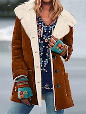 baratos Puffers &amp; Parka-Mulheres Casaco de lã Casaco de pelúcia Manter Quente Respirável Botões Bolsos Forrada com Fleece Casual Tecido Férias Rua Roupa Diária Para Noite Não Trespassado Padrão Aberto para a Lateral Normal