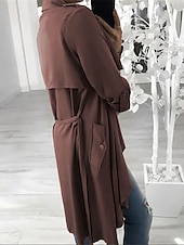 halpa Trench Coats-Naisten Rento takki ulko- Katu Arki-asut Syksy Talvi Pitkä Takki Normaali Pidä lämpimänä Hengittävä Tyylikäs Vapaa-aika Jackets Pitkähihainen Yhtenäinen väri Taskut Rubiini Apila Harmaa