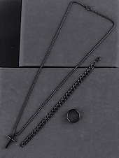 cheap Accessories For Men-Men&#039;s Alloy Cross Necklace, Chain Bracelet, and Engraved Ring Set – Durable and Stylish Christian Jewelry