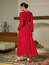 economico Abiti per le feste-abito lungo da festa in chiffon rosso e pizzo con scollo a V