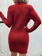 olcso Kötött ruhák-Női Pulóverruha Elegáns Divat Napi Tömör szín Kábel Fél cipzár Kötött Hosszú ujj Hosszú felsők Kötött Előírásos Munka Rubin Ősz Tél