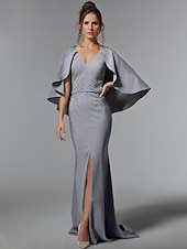 cheap CHAMPAGNE-Black Champagne Mermaid Evening Gown Stretch Crepe Glittering Dress Formal Floor Length Sleeveless V Neck Stretch Crepe with Rhinestone Shawl 2025