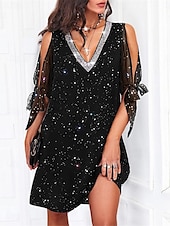 ieftine Rochii cu paiete-Pentru femei Rochie neagra Rochie Mini Paiete Peteci Casual În V Manșon Jumate Negru Culoare
