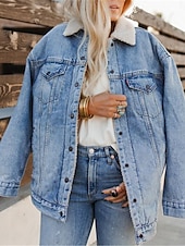 billige Puffer og Parka-Dame Fleece-jakke Teddyfrakk Denimjakker Hold Varm Pustende Lomme Fleece Lined Fritid عادي Feriereise Gate Dagligdagstøy Ut på byen Enkeltkneppet Normal Aftæpning Normal Langermet Yttertøy Svart Bl