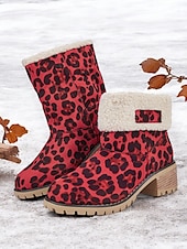 cheap Snow &amp; Winter Boots-Women&#039;s Red Leopard Print Winter Boots with Faux Fur Lining and Chunky Heel – Warm and Stylish Snow Boots